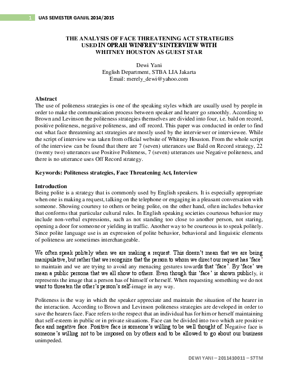 (PDF) The Analysis of Face Threatening Act Strategies Used in the