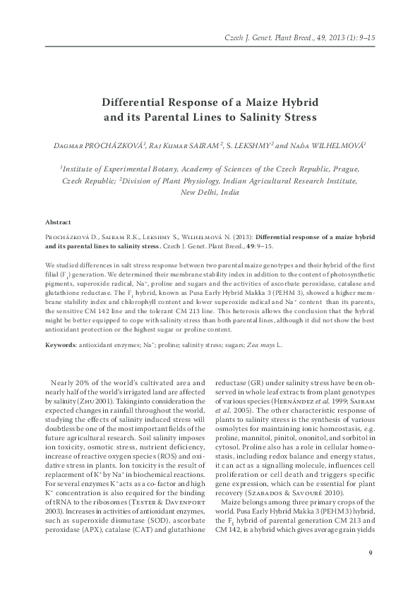 (PDF) Differential Response of a Maize Hybrid and its Parental Lines to ...