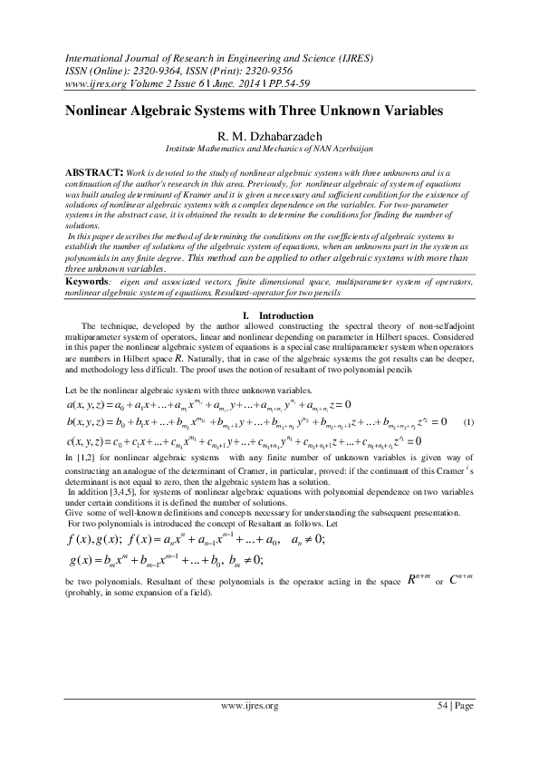 (PDF) Nonlinear Algebraic Systems with Three Unknown Variables