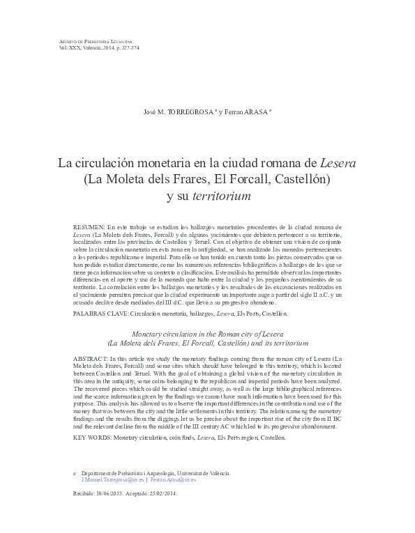 La circulación monetaria en la ciudad romana de Lesera (La Moleta dels Frares, El Forcall, Castellón) y su territorium