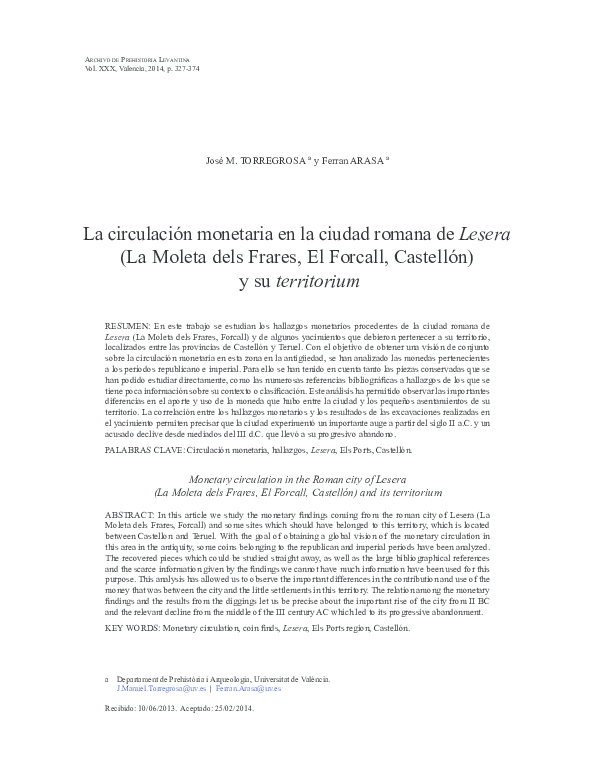 La circulación monetaria en la ciudad romana de Lesera (La Moleta dels Frares, El Forcall, Castellón) y su territorium