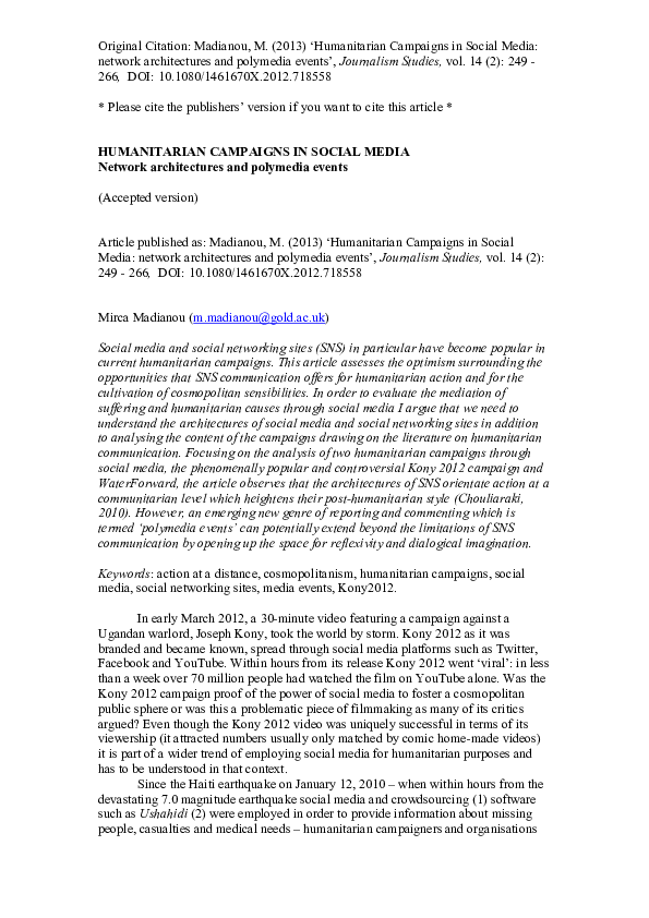 (PDF) HUMANITARIAN CAMPAIGNS IN SOCIAL MEDIA: Network architectures and ...