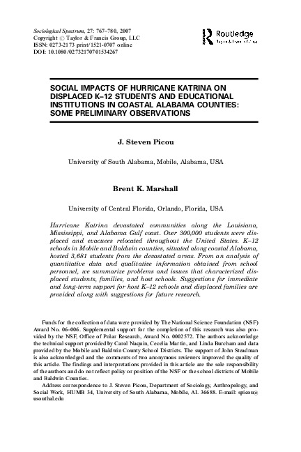 SOCIAL IMPACTS OF HURRICANE KATRINA ON DISPLACED K–12 STUDENTS AND EDUCATIONAL INSTITUTIONS IN COASTAL ALABAMA COUNTIES: SOME PRELIMINARY OBSERVATIONS