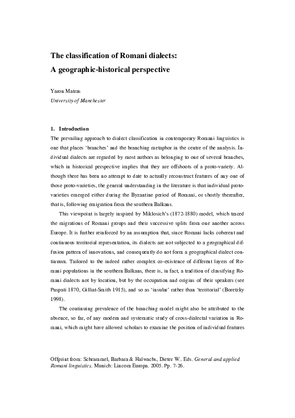 (PDF) Matras, Yaron. 2005. The classification of Romani dialects A