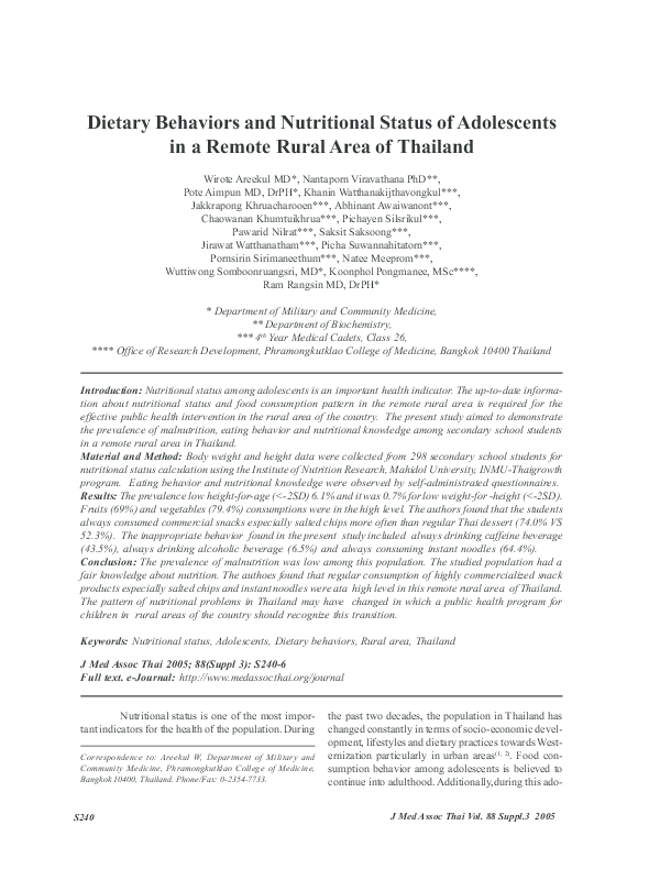 (PDF) Dietary Behaviors and Nutritional Status of Adolescents in a ...