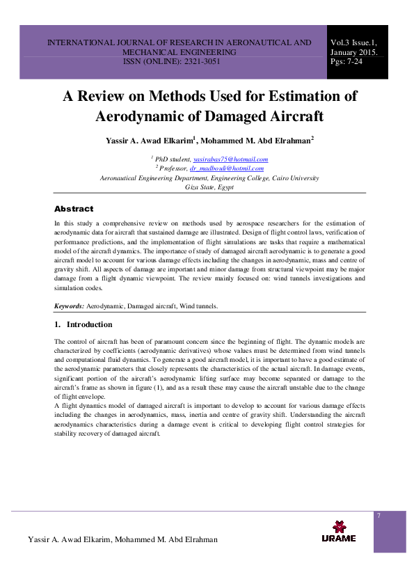 (PDF) A Review on Methods Used for Estimation of Aerodynamic of Damaged ...