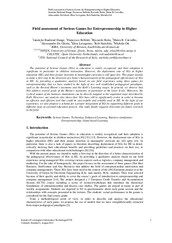 (PDF) Field assessment of Serious Games for Entrepreneurship in Higher ...