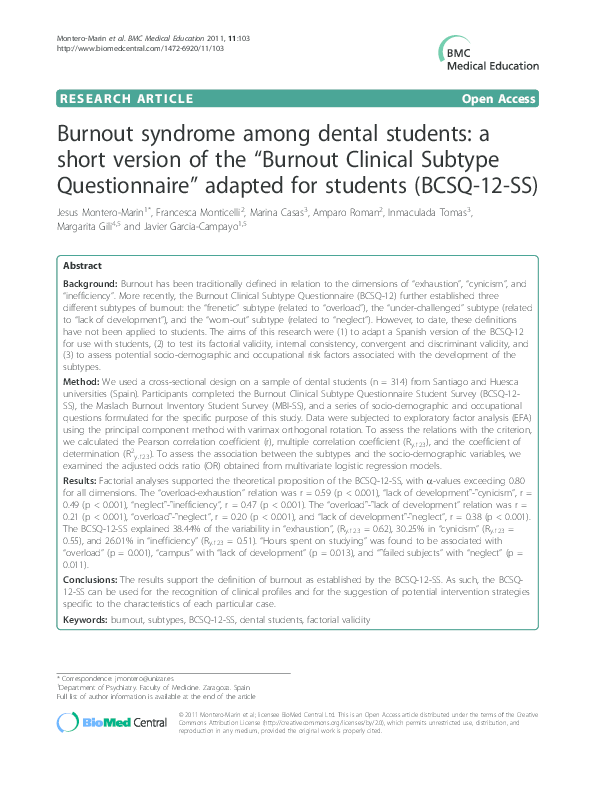 (PDF) Burnout syndrome among dental students a short version of the "Burnout Clinical Subtype