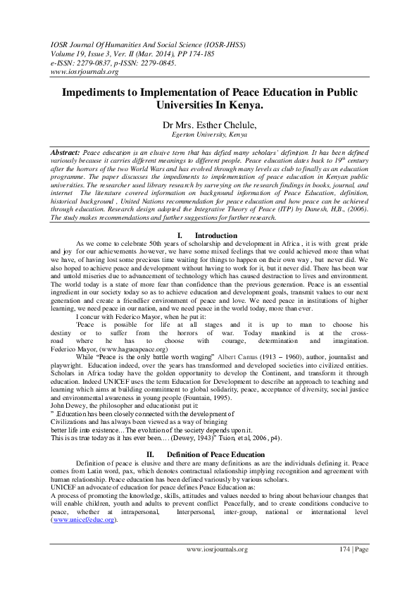 (PDF) Impediments to Implementation of Peace Education in Public ...