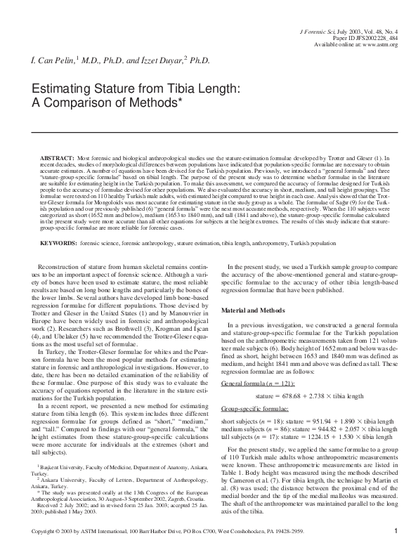 (PDF) Estimating stature from tibia length: a comparison of methods