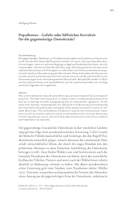 (PDF) Populismus – Gefahr oder hilfreiches Korrektiv für die ...