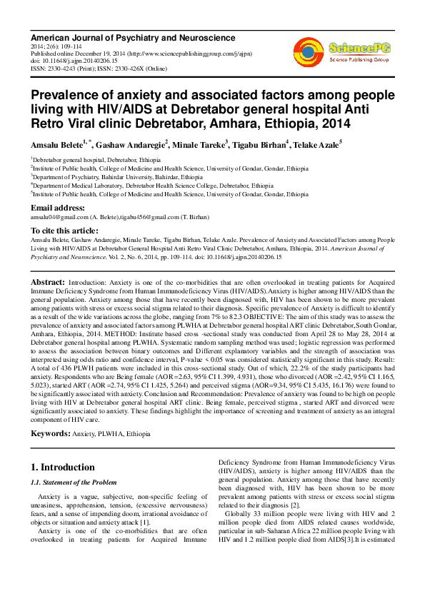 (PDF) Prevalence of anxiety and associated factors among people living ...