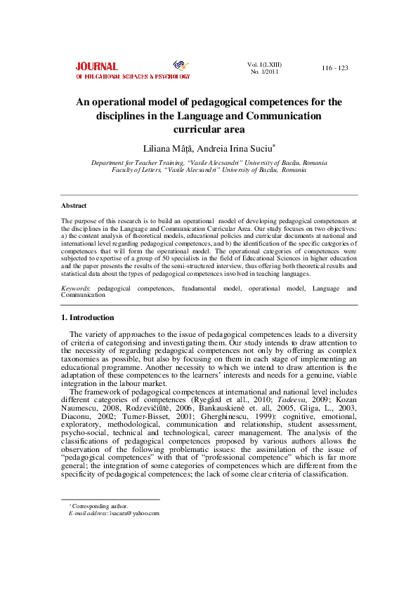 (PDF) An operational model of pedagogical competences at the ...