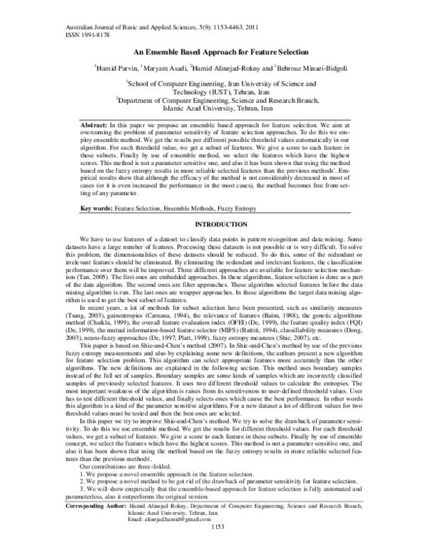 (PDF) An Ensemble Based Approach for Feature Selection
