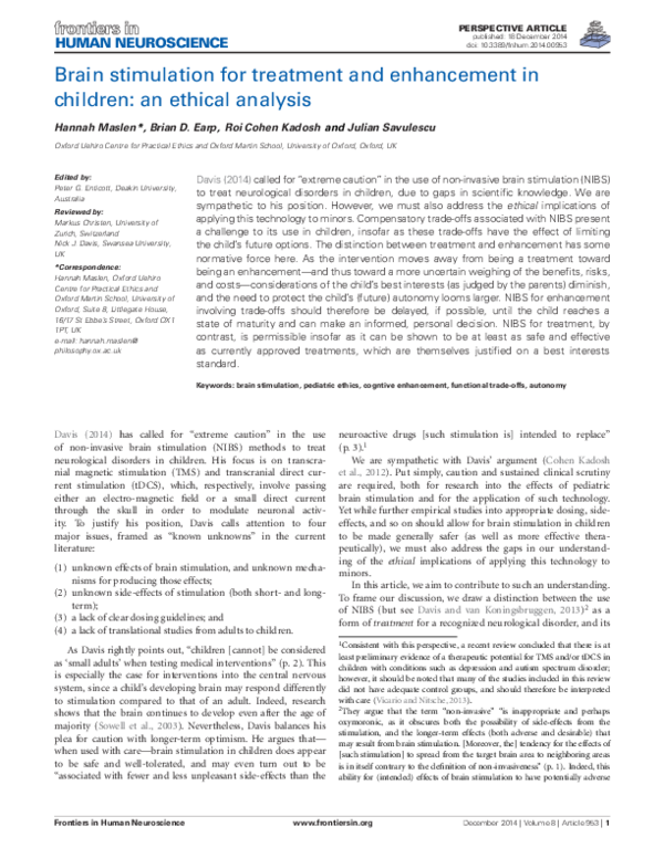 (PDF) Brain stimulation for treatment and enhancement in children: an ...