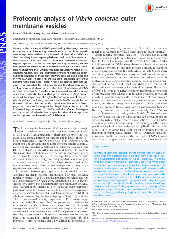 (PDF) Proteomic analysis of Vibrio cholerae outer membrane vesicles.