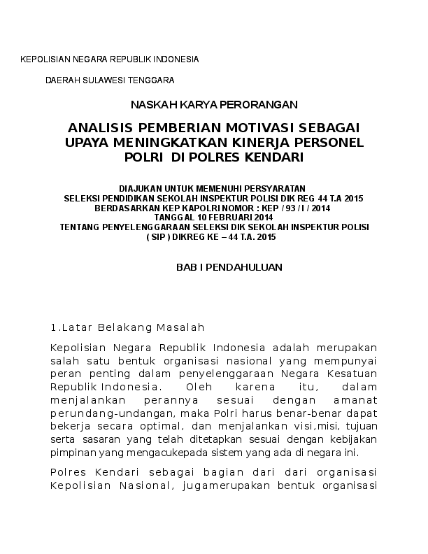 Doc Naskah Karya Perorangan Analisis Pemberian Motivasi Sebagai Upaya Meningkatkan Kinerja Personel Polri Di Polres Kendari Jhon Ranger Academia Edu