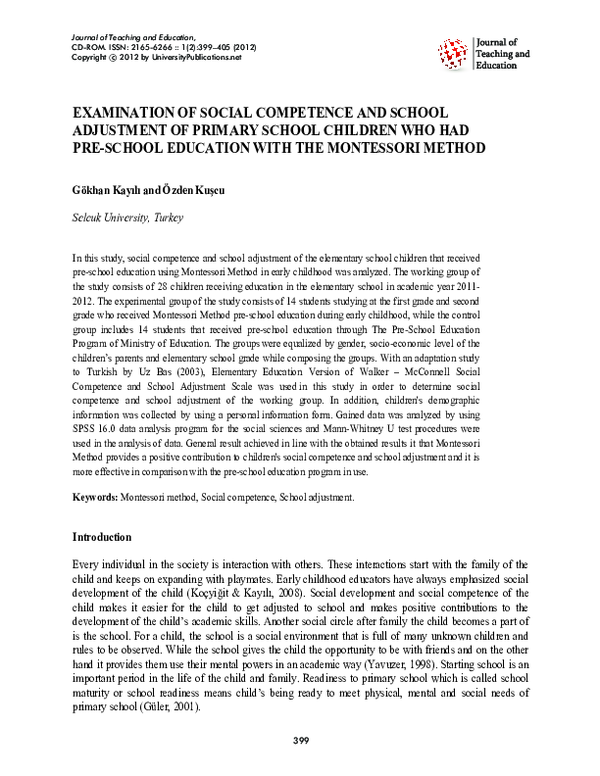 (PDF) EXAMINATION OF SOCIAL COMPETENCE AND SCHOOL ADJUSTMENT OF PRIMARY ...