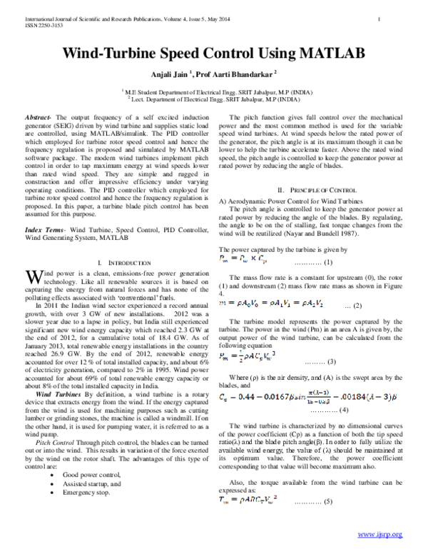 (PDF) WindTurbine Speed Control Using MATLAB IJSRP Journal