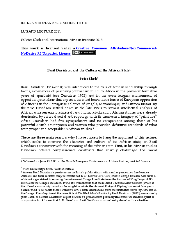 (PDF) Basil Davidson and the Culture of the African State Peter Ekeh