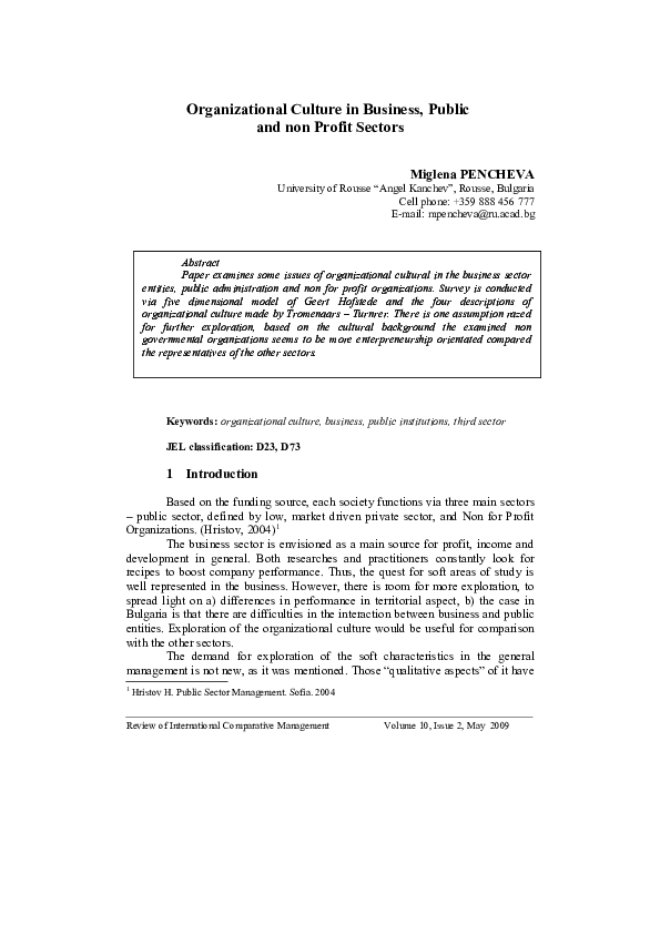 (PDF) Organizational Culture in Business, Public and non Profit Sectors