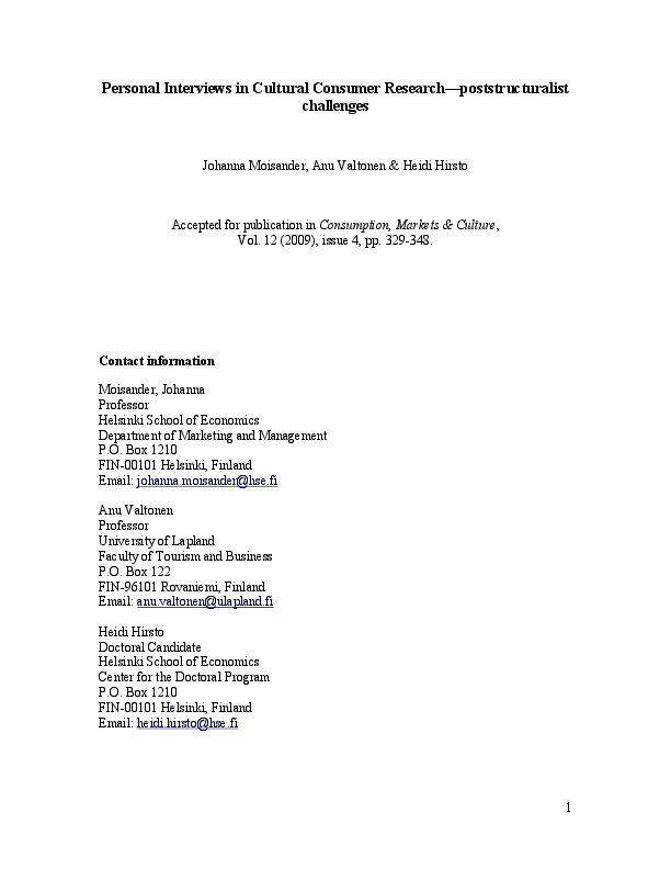(PDF) Interviews in cultural consumer research poststructuralist