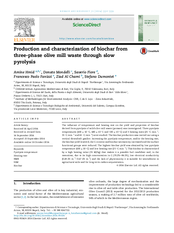 Production and characterization of biochar from three-phase olive mill ...