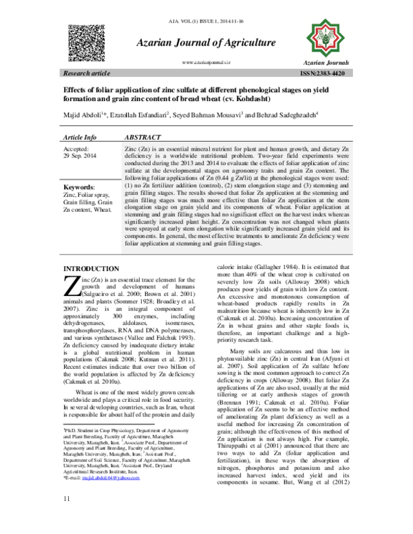 (PDF) Effects of foliar application of zinc sulfate at different