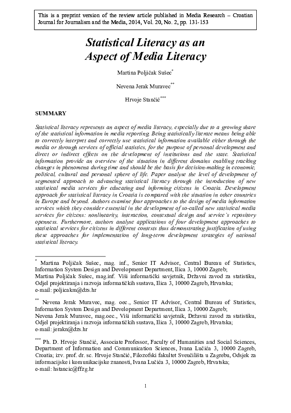 Pdf Statistical Literacy As An Aspect Of Media Literacy