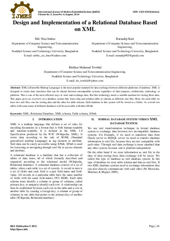 (PDF) Design and Implementation of a Relational Database Based on XML