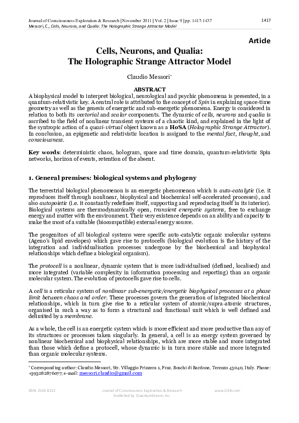 (PDF) Cells, Neurons, and Qualia: The Holographic Strange Attractor Model