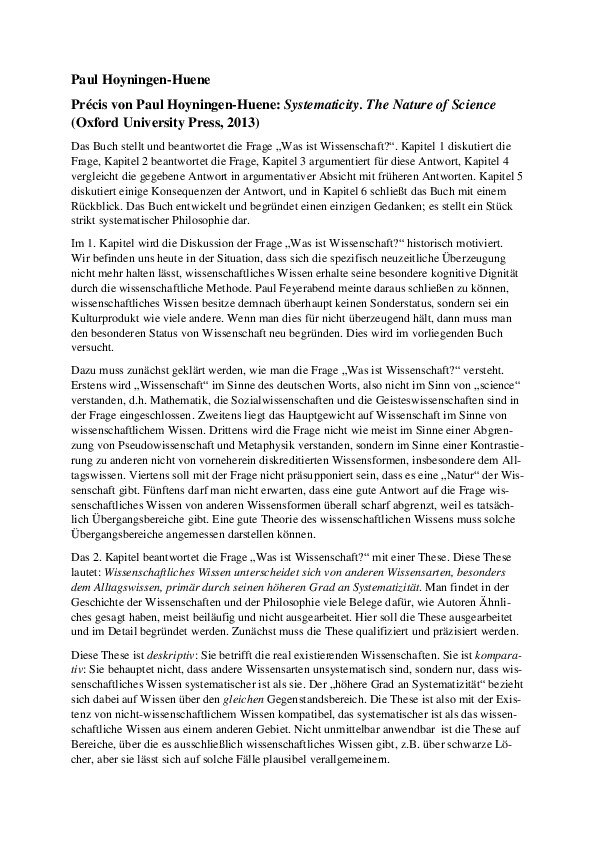 (PDF) Précis von Paul HoyningenHuene, Systematicity The Nature of