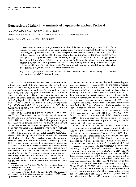 (PDF) Generation of Inhibitory Mutants of Hepatocyte Nuclear Factor 4