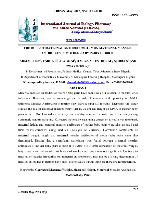 Pdf The Role Of Maternal Anthropometry On Maternal Measles