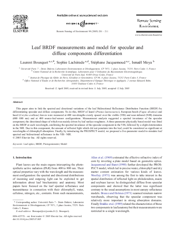 (PDF) Leaf BRDF measurements and model for specular and diffuse ...
