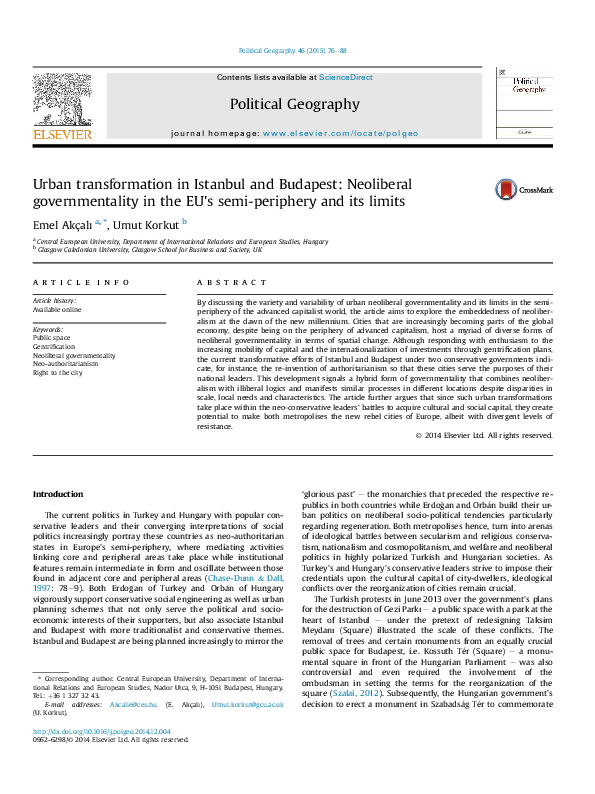 (PDF) Urban transformation in Istanbul and Budapest: Neoliberal ...