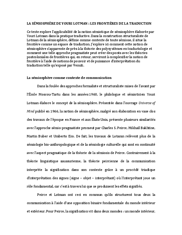 (PDF) La sémiosphère de Youri Lotman les frontières de la traduction