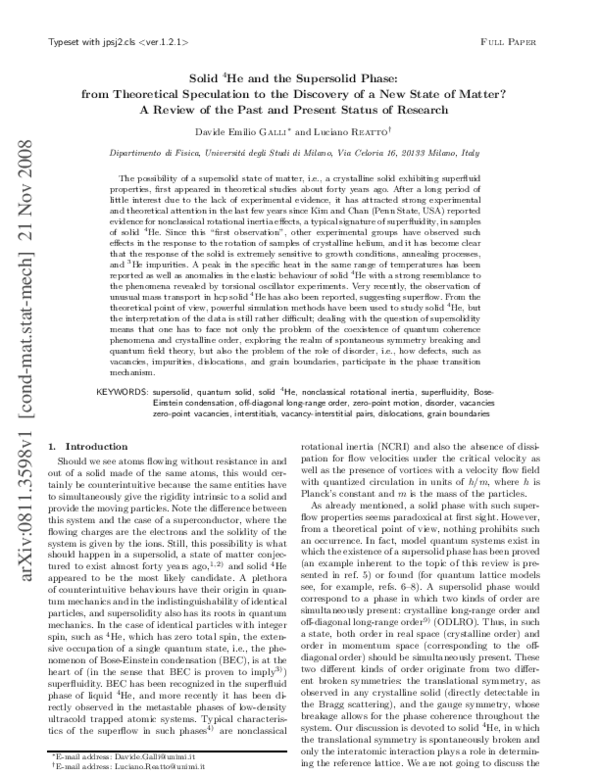 (PDF) Solid 4 He and the Supersolid Phase: from Theoretical Speculation ...