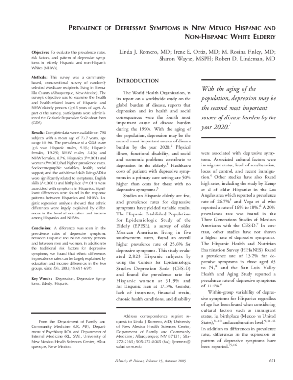 (PDF) PREVALENCE OF DEPRESSIVE SYMPTOMS IN NEW MEXICO HISPANIC AND NON ...