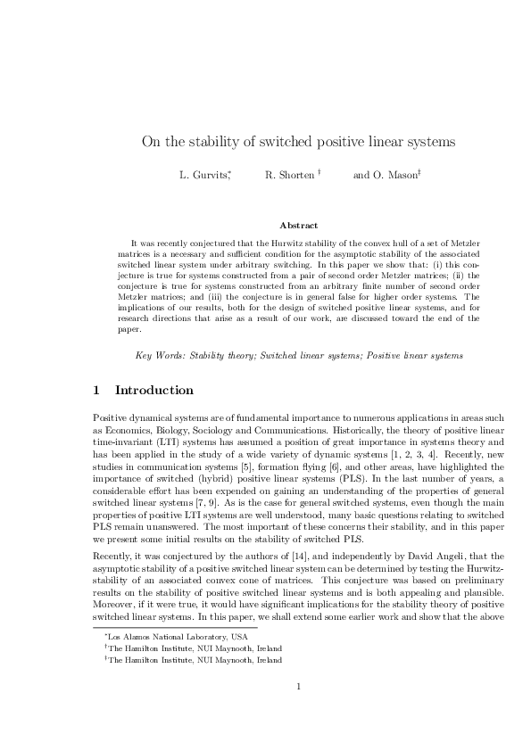 (PDF) On the Stability of Switched Positive Linear Systems