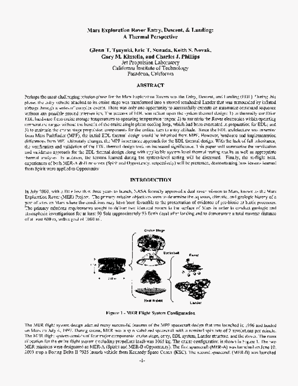 (PDF) Mars Exploration Rover Entry, Descent, & Landing A Thermal