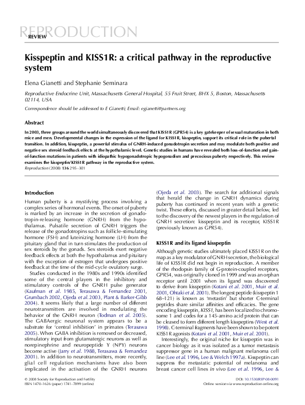 (PDF) Kisspeptin and KISS1R: a critical pathway in the reproductive system