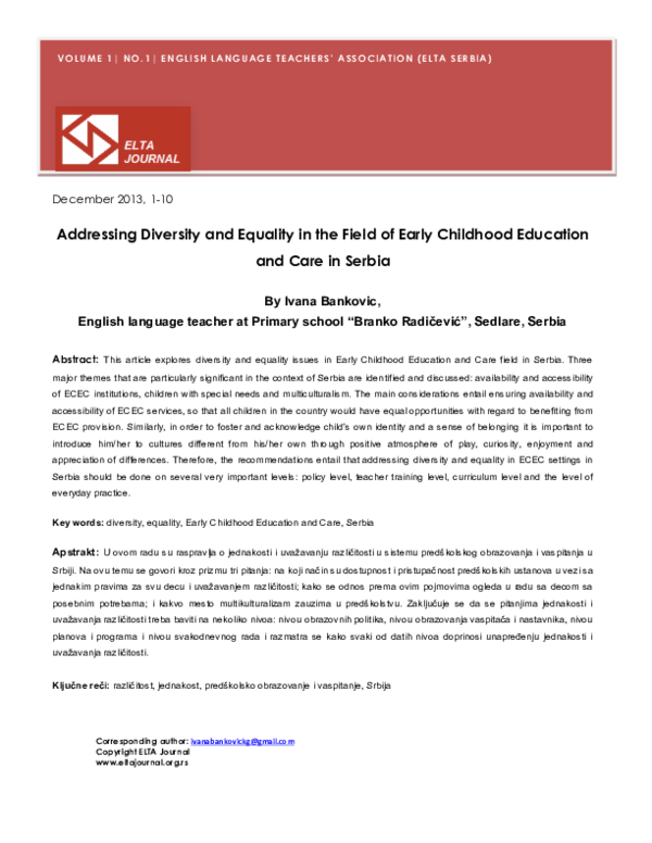 (PDF) Addressing Diversity and Equality in the Field of Early Childhood ...