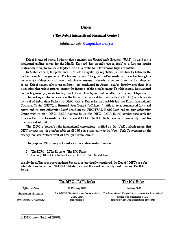 (DOC) Dubai(DIFC) rules of arbitration vs. ICC rules Andreea Șerban
