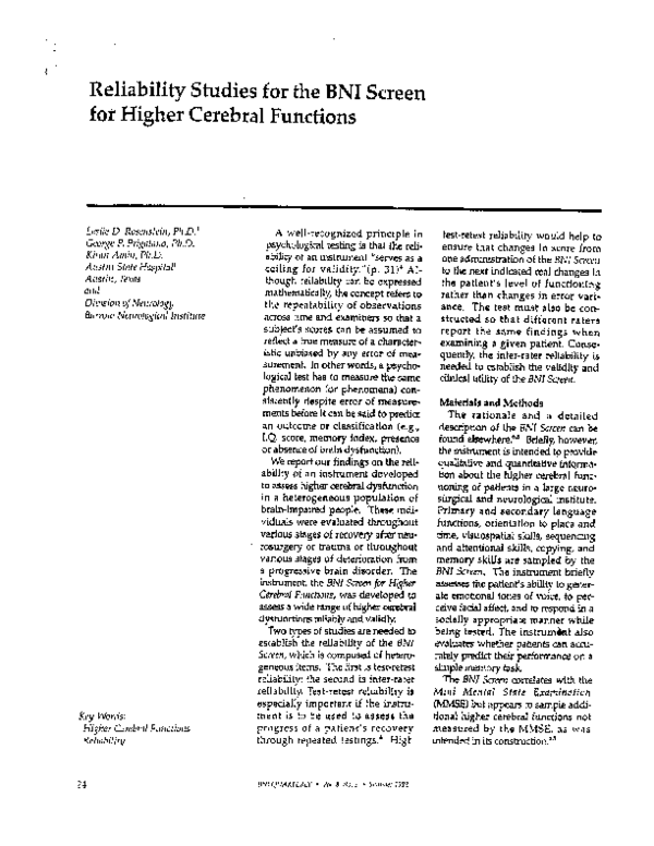 (PDF) Reliability studies for the BNI Screen for Higher Cerebral Functions