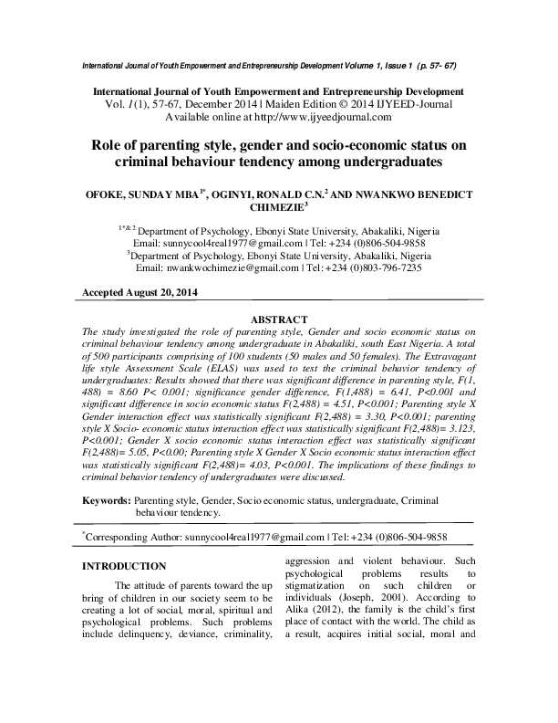 (PDF) Role of parenting style, gender and socio-economic status on ...