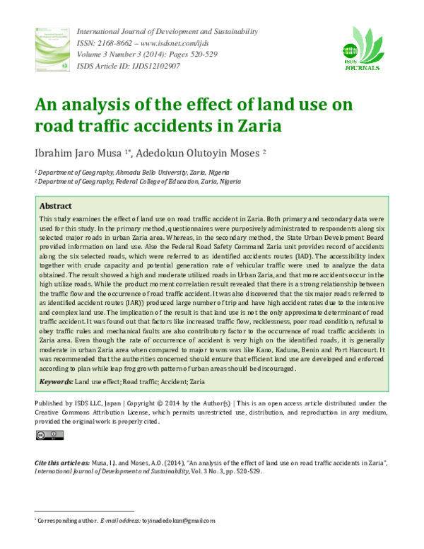 (PDF) An analysis of the effect of land use on road traffic accident in ...