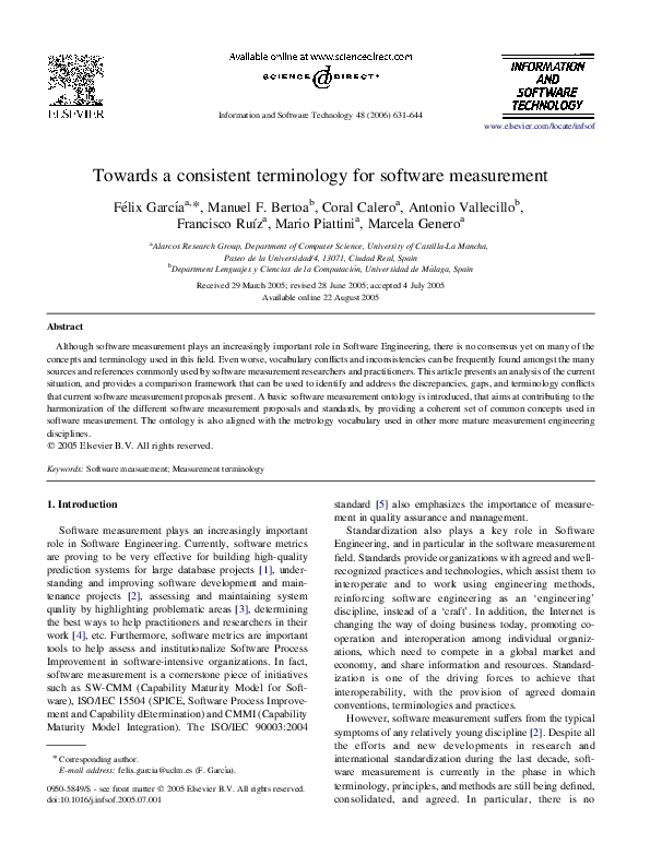 (PDF) Towards a consistent terminology for software measurement