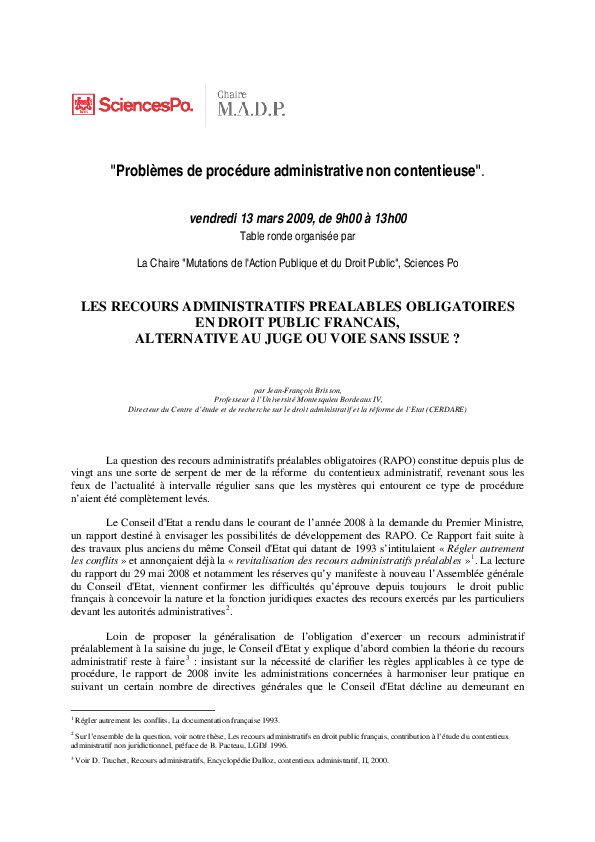 Recours adm prealables obligatoires en droit pbc francais