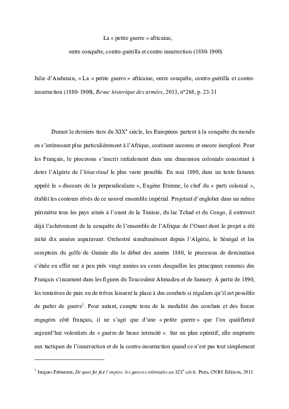 (PDF) « La “petite guerre” africaine, entre conquête, contreguérilla
